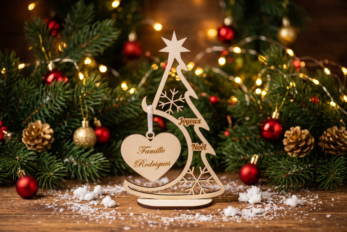 Sapin de Noël en bois personnalisé – Cœur avec prénom ou nom de famille