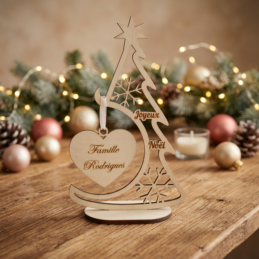 Sapin de Noël en bois personnalisé – Cœur avec prénom ou nom de famille
